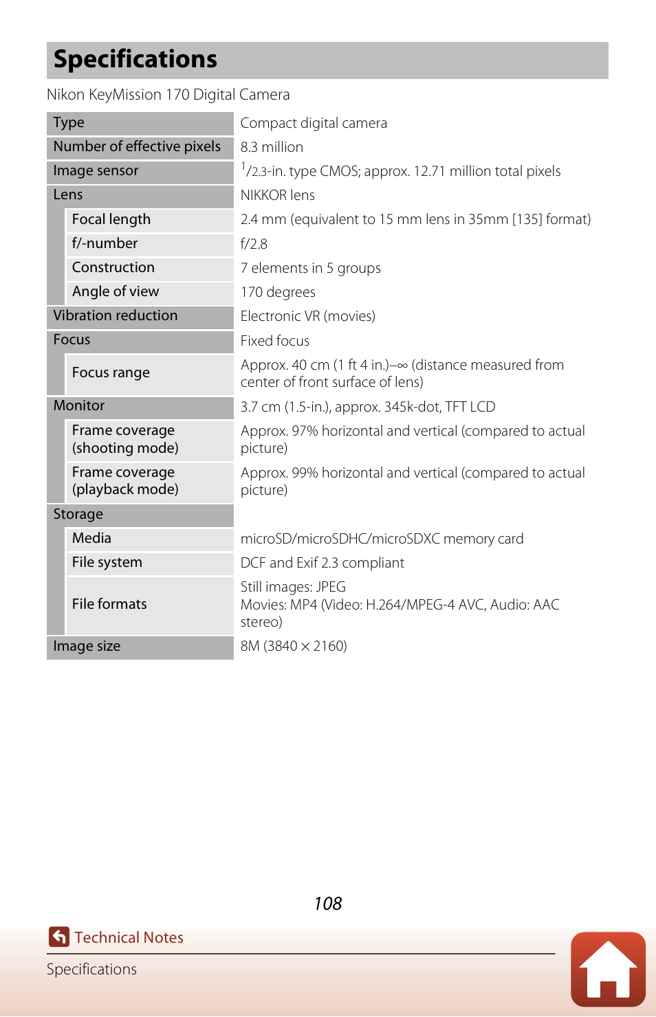Specifications | Nikon KeyMission 170 User Manual | Page 127 / 137