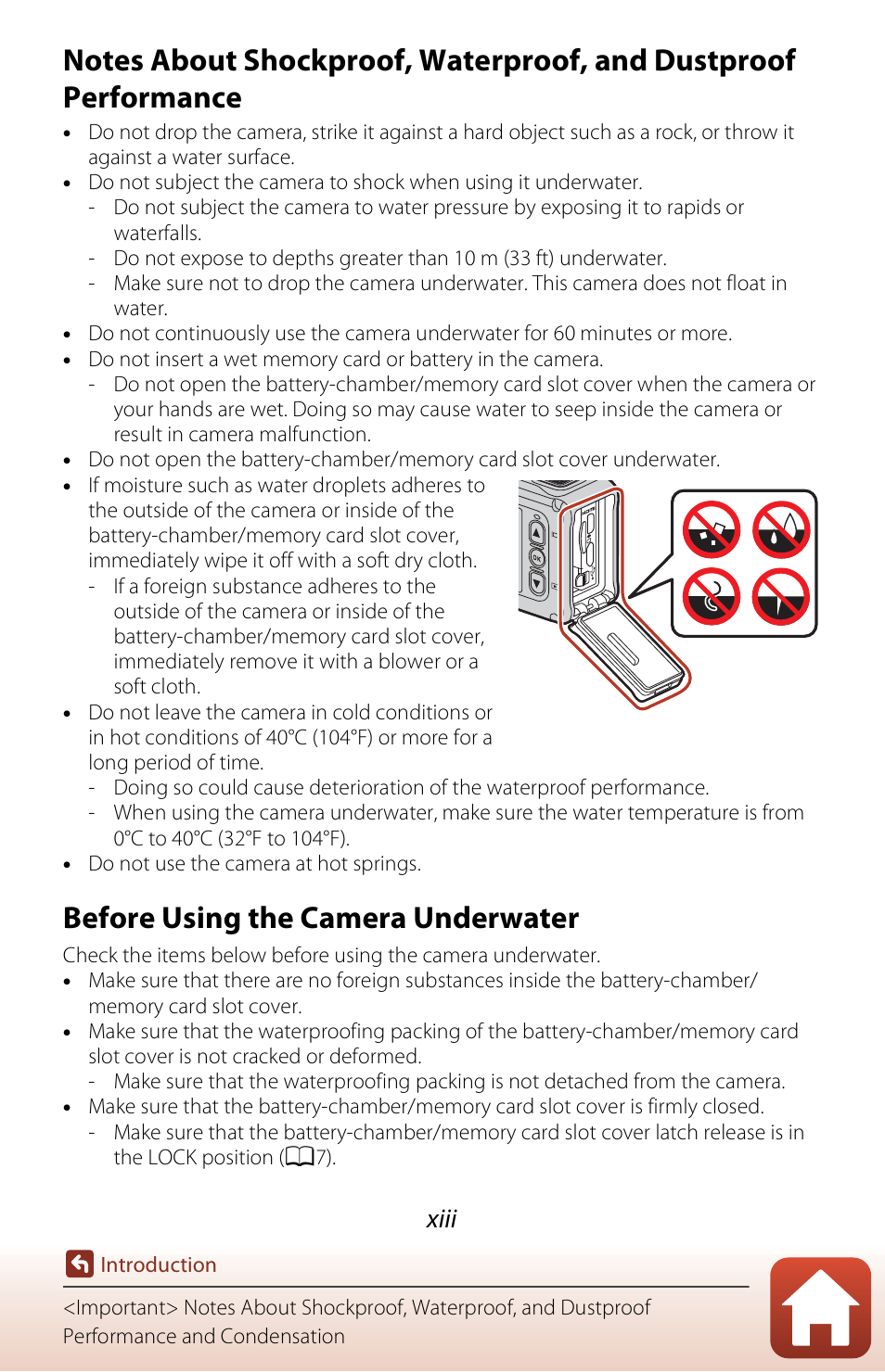 Before using the camera underwater, Xiii | Nikon KeyMission 170 User Manual | Page 13 / 137