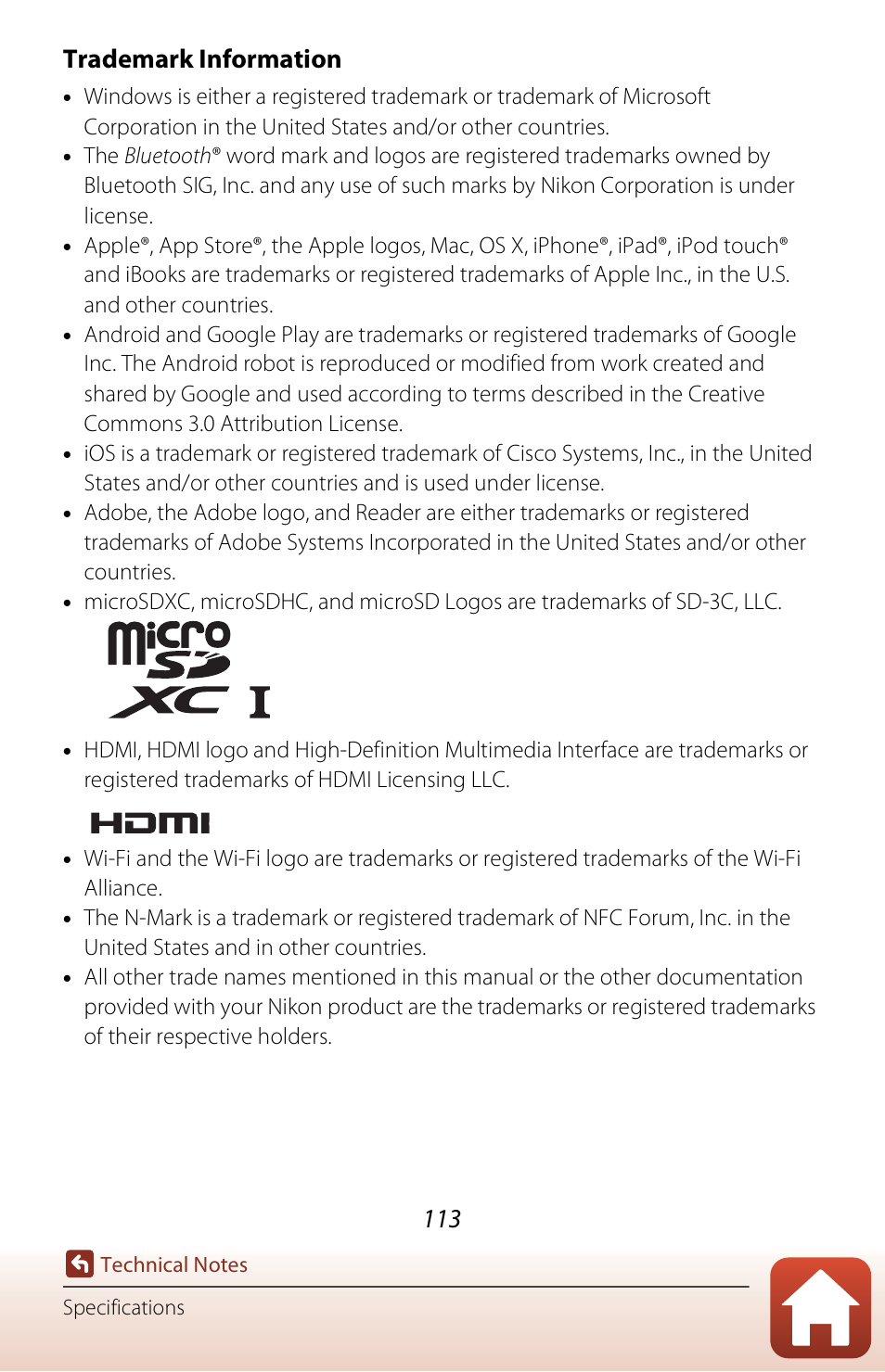 Trademark information | Nikon KeyMission 170 User Manual | Page 132 / 137