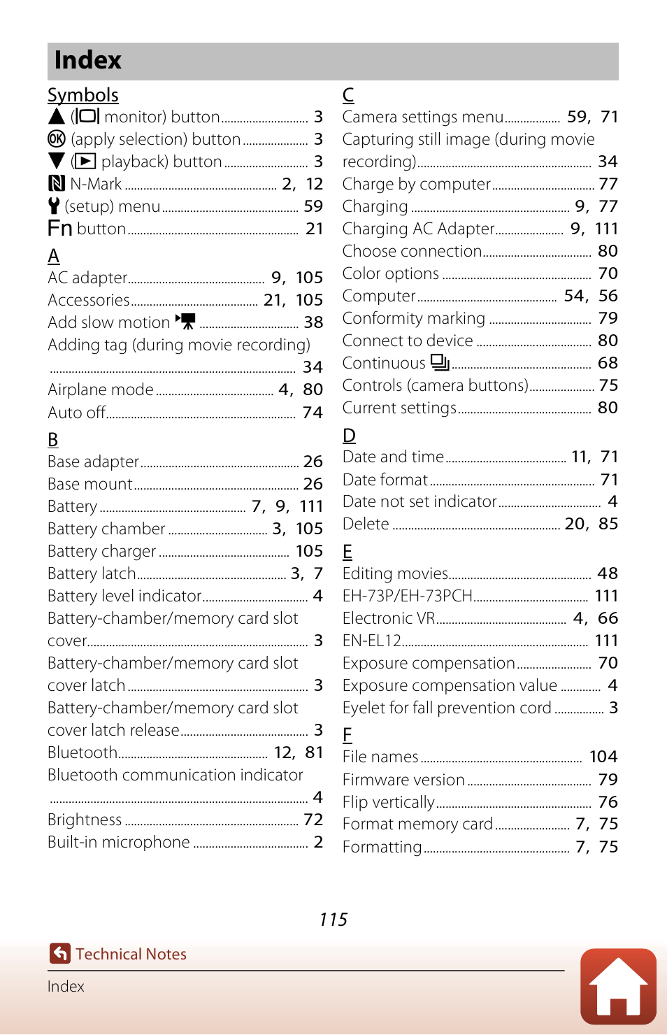 Index | Nikon KeyMission 170 User Manual | Page 134 / 137