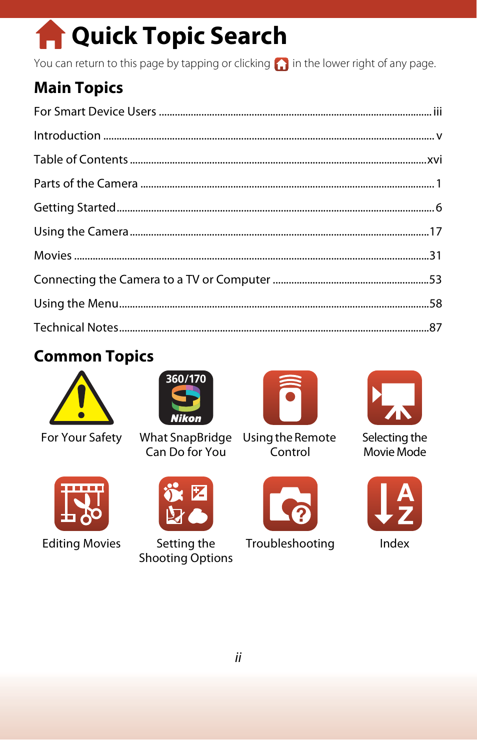 Quick topic search, Main topics, Common topics | Nikon KeyMission 170 User Manual | Page 2 / 137