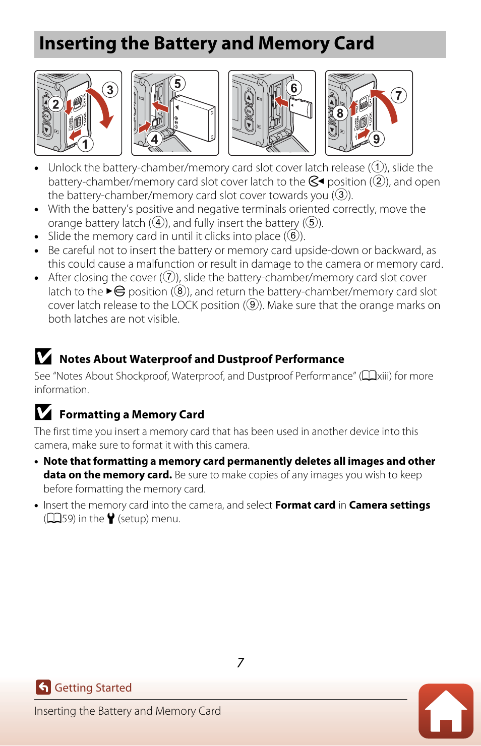 Inserting the battery and memory card | Nikon KeyMission 170 User Manual | Page 26 / 137