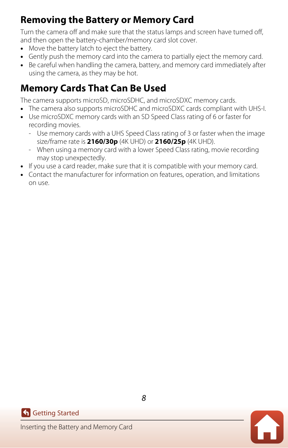 Removing the battery or memory card, Memory cards that can be used | Nikon KeyMission 170 User Manual | Page 27 / 137