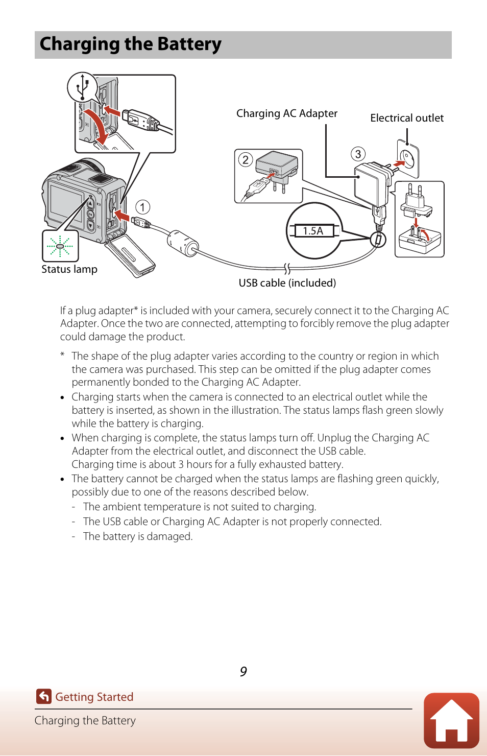 Charging the battery | Nikon KeyMission 170 User Manual | Page 28 / 137