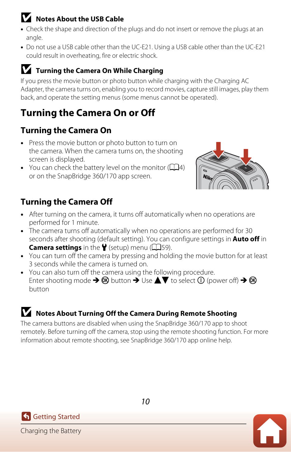 Turning the camera on or off, Turning the camera on, Turning the camera off | Nikon KeyMission 170 User Manual | Page 29 / 137