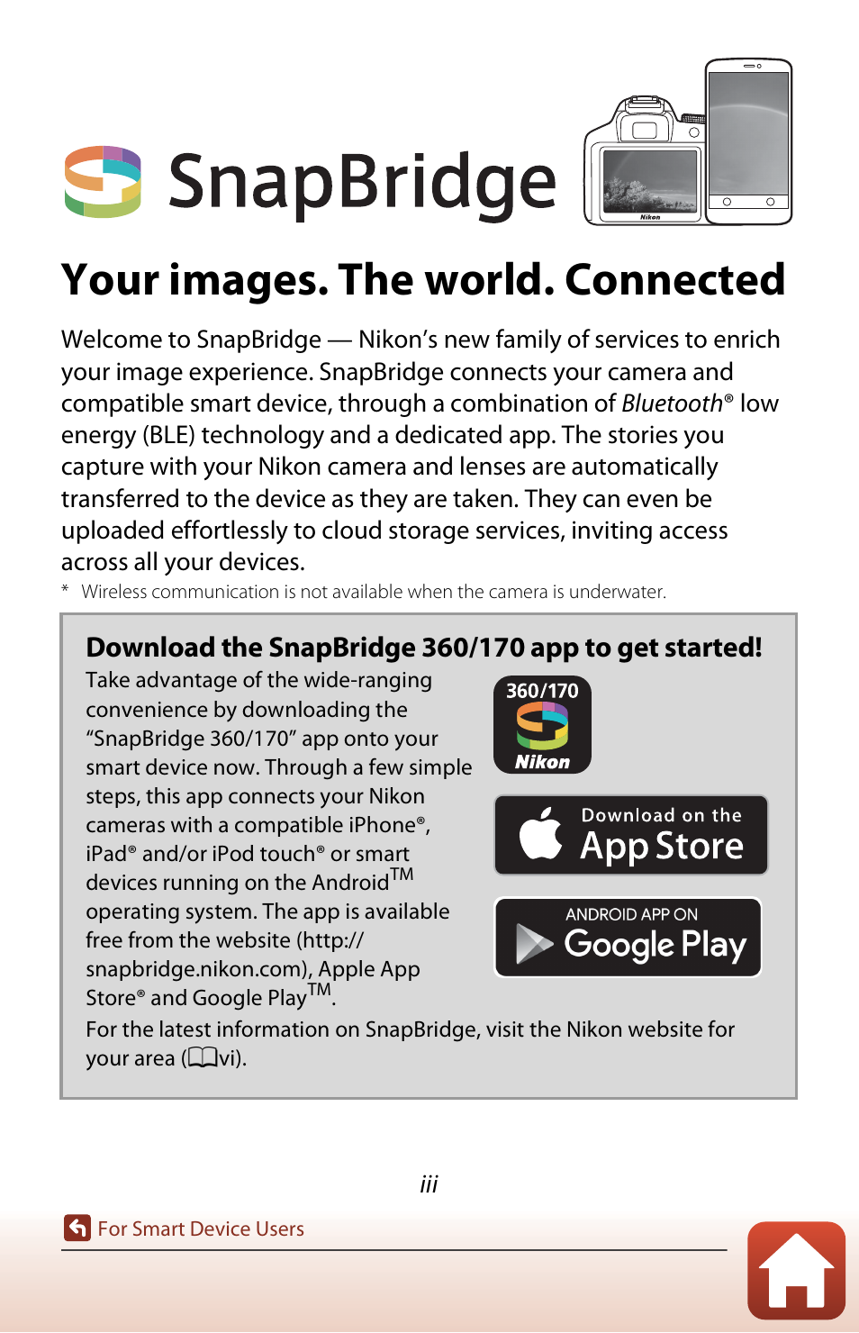 For smart device users, Your images. the world. connected | Nikon KeyMission 170 User Manual | Page 3 / 137