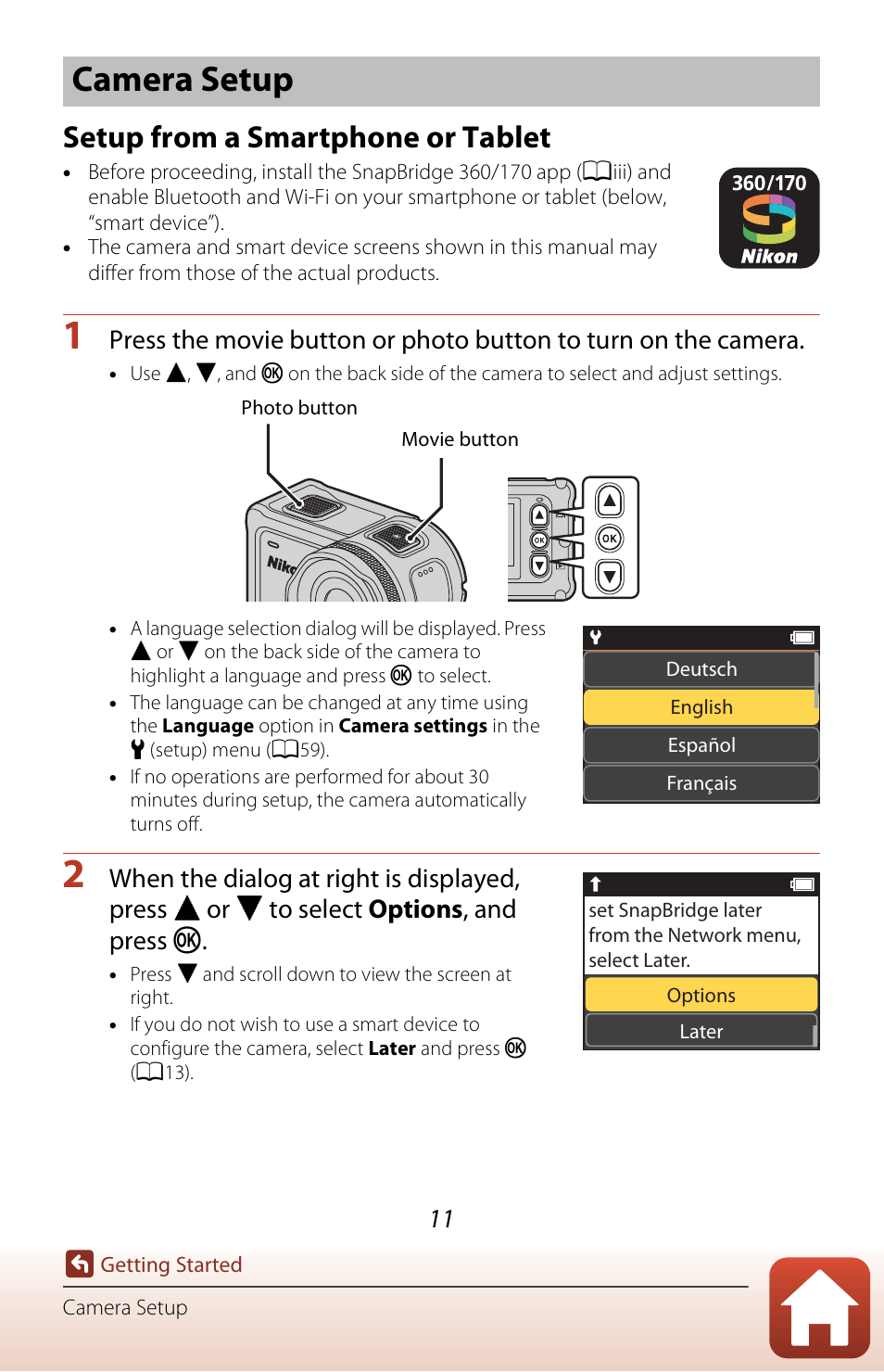 Camera setup, Setup from a smartphone or tablet | Nikon KeyMission 170 User Manual | Page 30 / 137