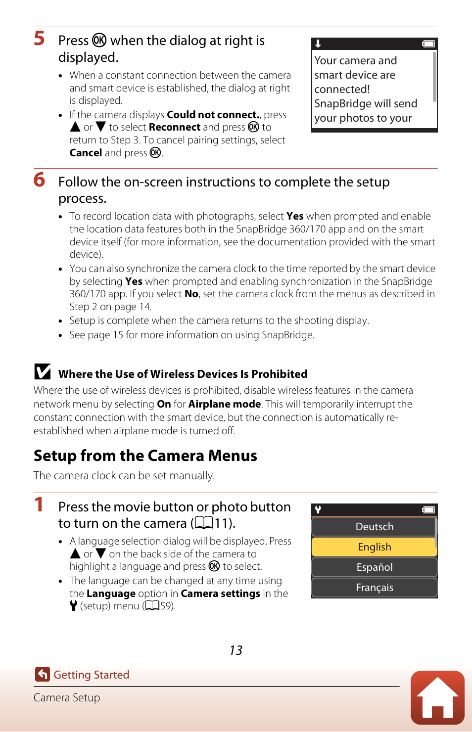 Setup from the camera menus, A13) | Nikon KeyMission 170 User Manual | Page 32 / 137