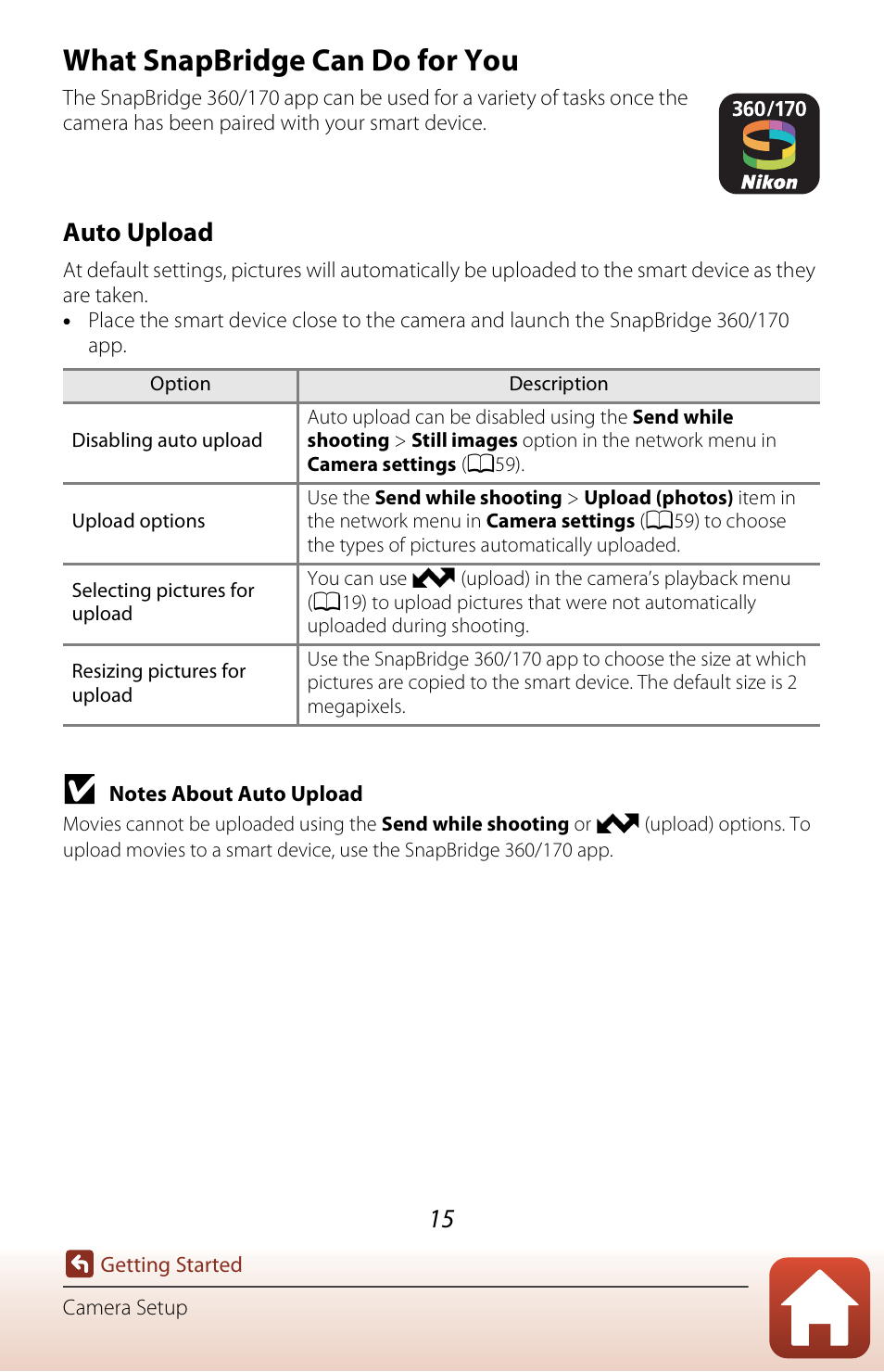 What snapbridge can do for you, 15 for m, Auto upload | Nikon KeyMission 170 User Manual | Page 34 / 137