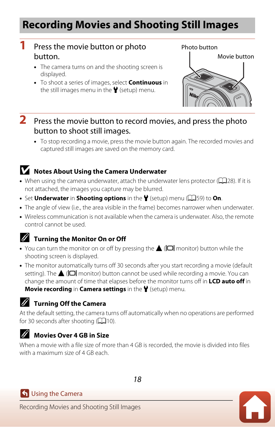 Recording movies and shooting still images | Nikon KeyMission 170 User Manual | Page 37 / 137