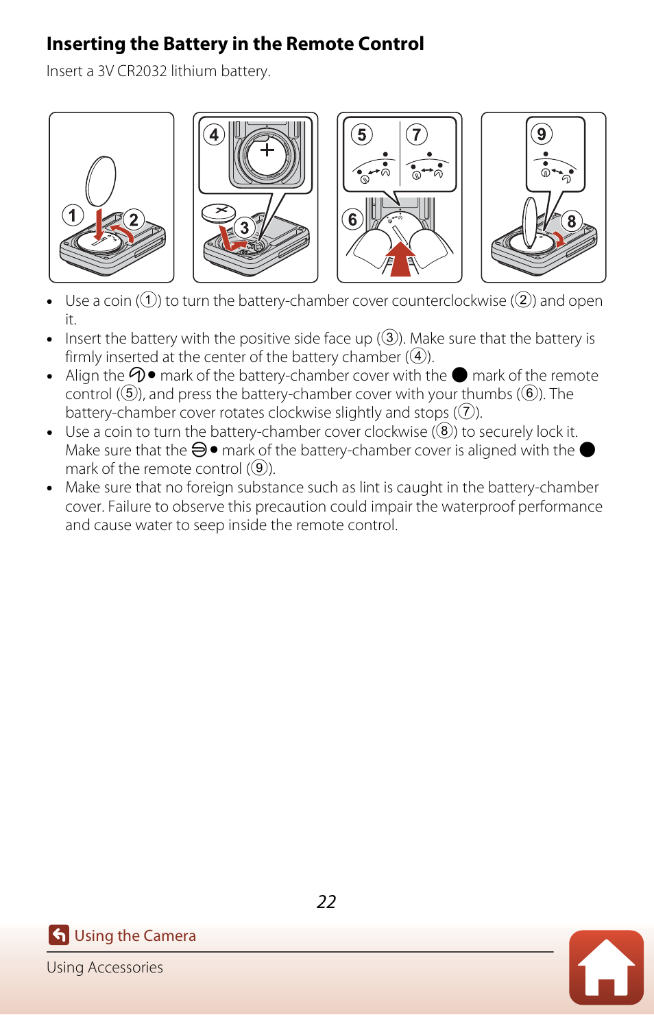 Inserting the battery in the remote control | Nikon KeyMission 170 User Manual | Page 41 / 137