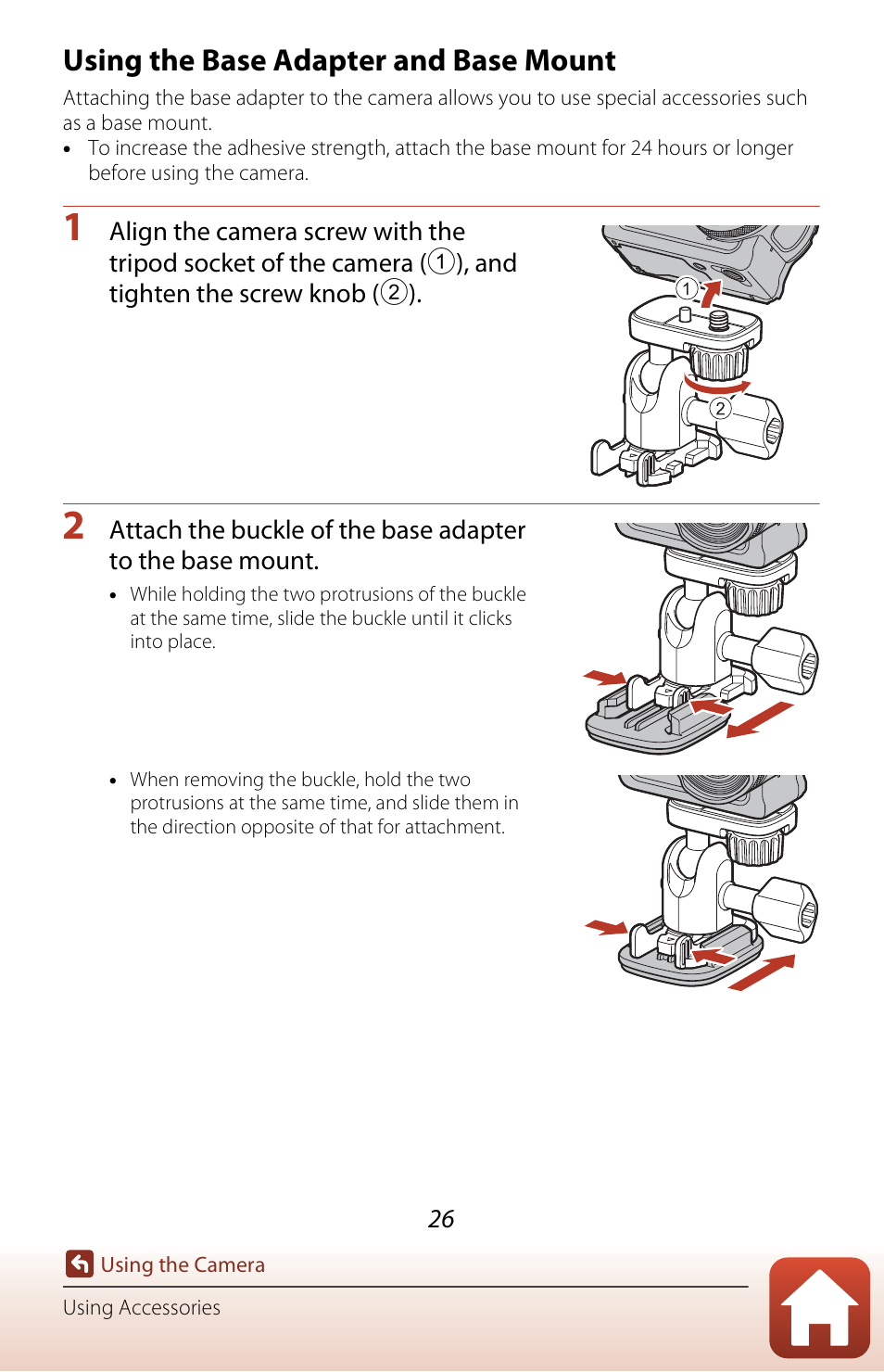Using the base adapter and base mount | Nikon KeyMission 170 User Manual | Page 45 / 137