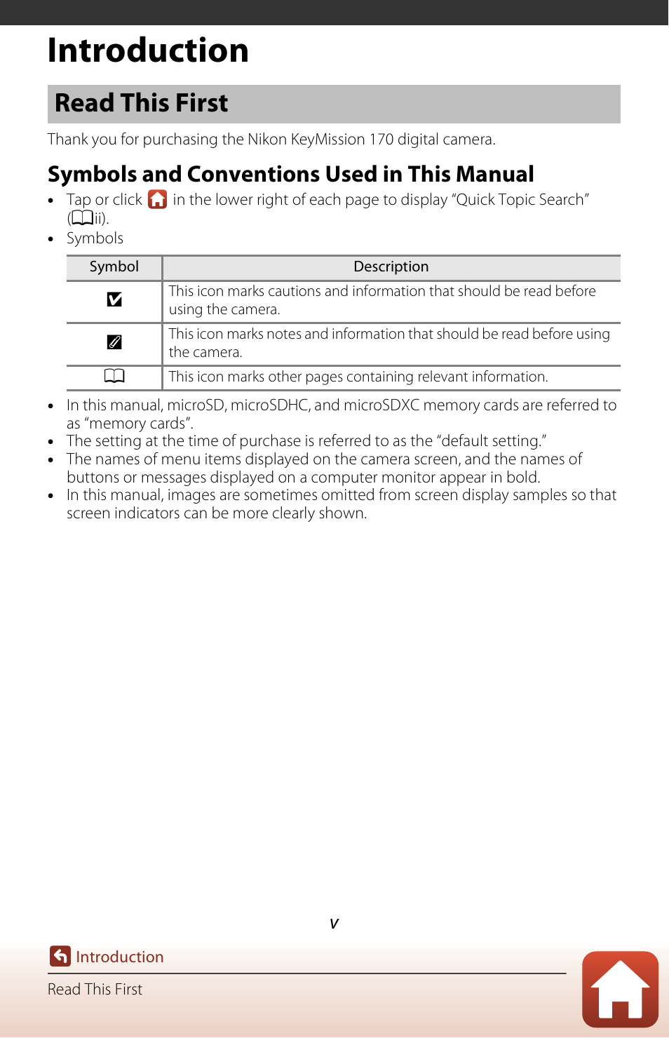 Introduction, Read this first, Symbols and conventions used in this manual | Nikon KeyMission 170 User Manual | Page 5 / 137