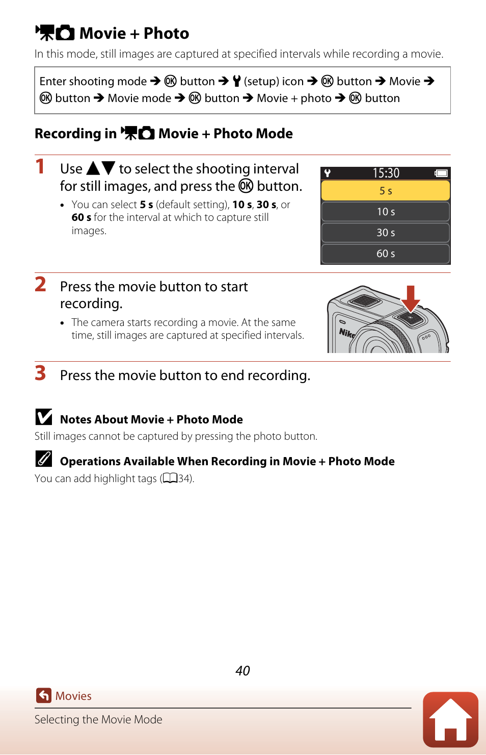 Movie + photo, A40 ), C movie + photo | Nikon KeyMission 170 User Manual | Page 59 / 137