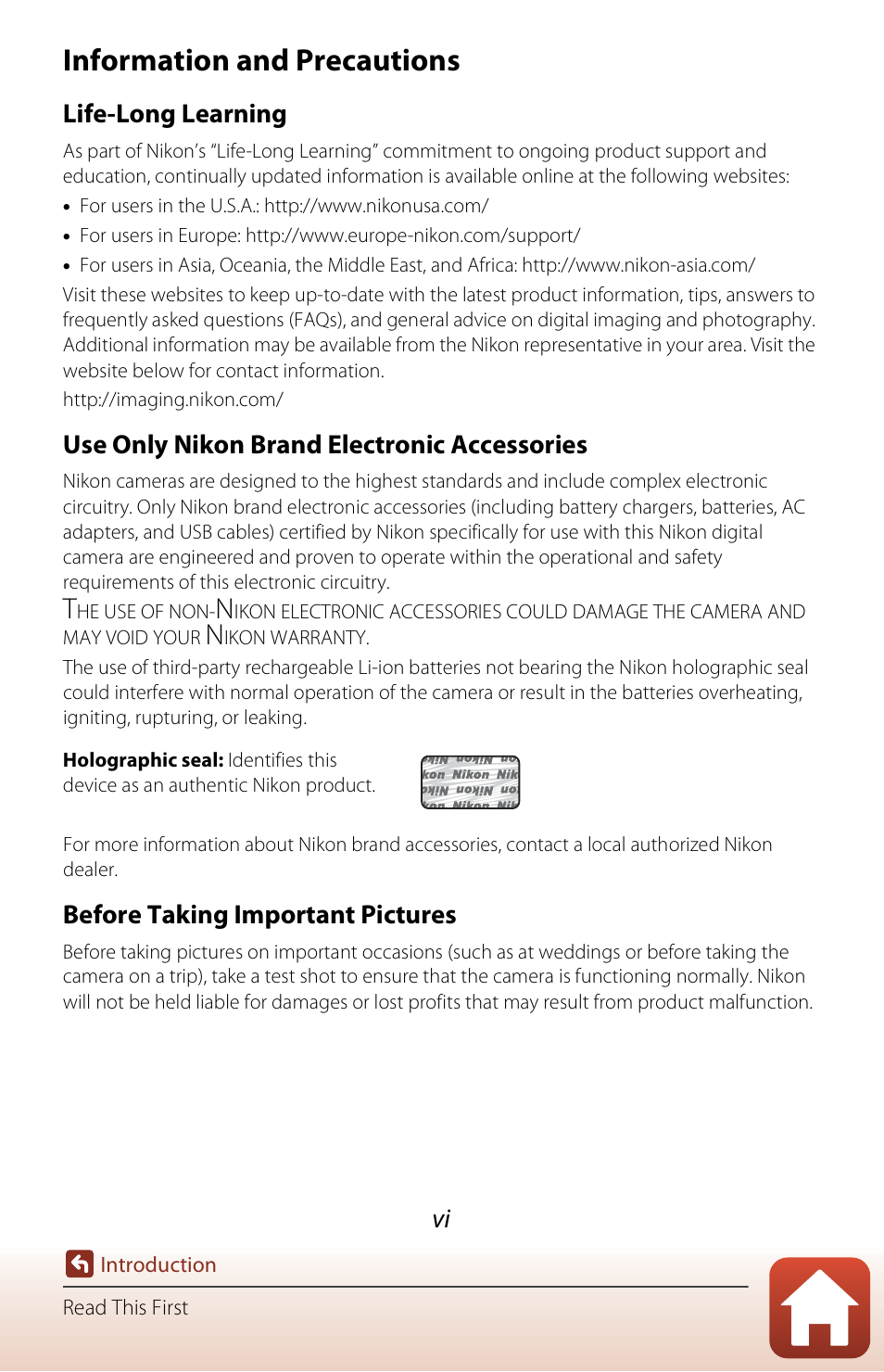 Information and precautions, Life-long learning, Use only nikon brand electronic accessories | Before taking important pictures | Nikon KeyMission 170 User Manual | Page 6 / 137