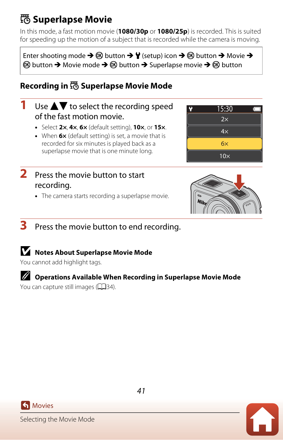 Superlapse movie, A41 ), D superlapse movie | Nikon KeyMission 170 User Manual | Page 60 / 137