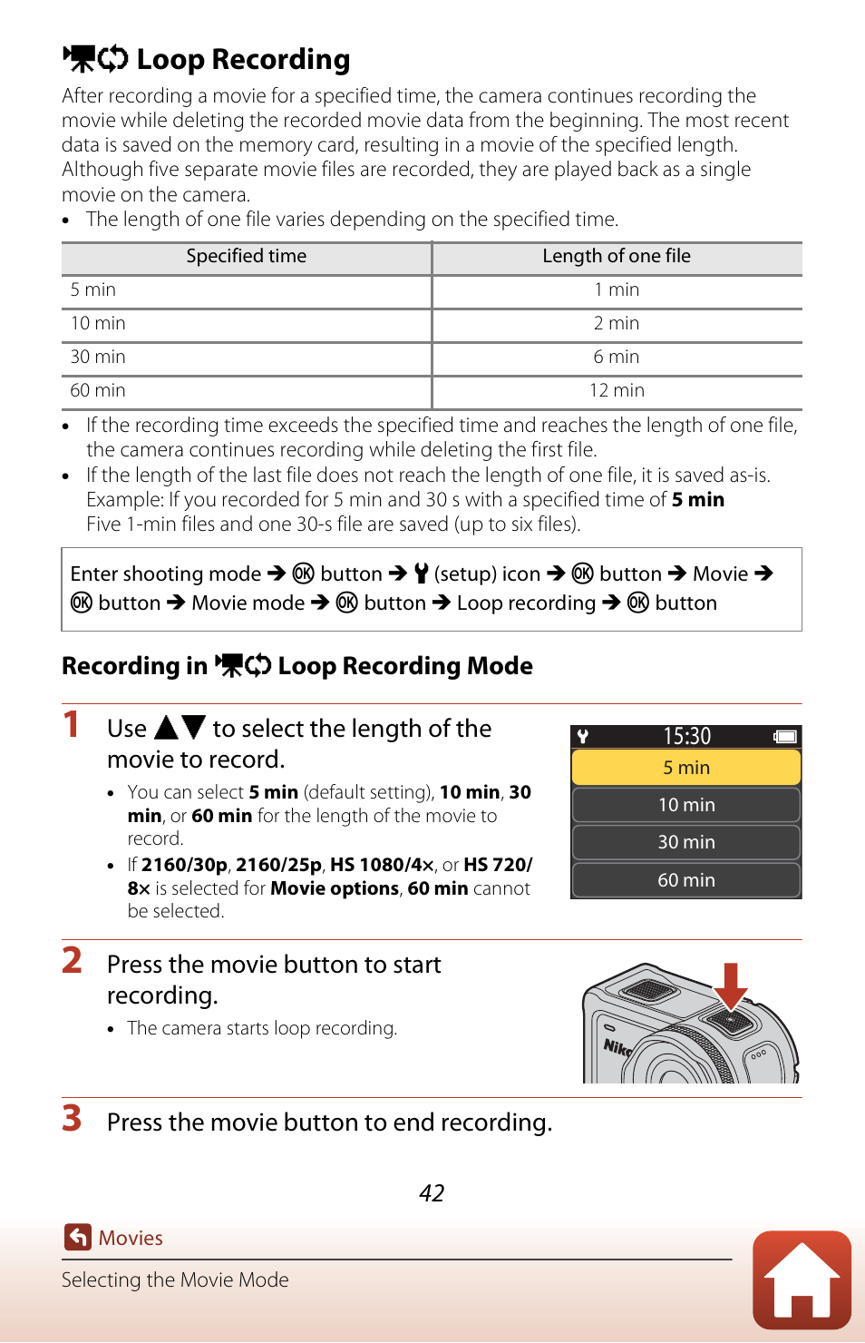 Loop recording, A42 ), E loop recording | Nikon KeyMission 170 User Manual | Page 61 / 137