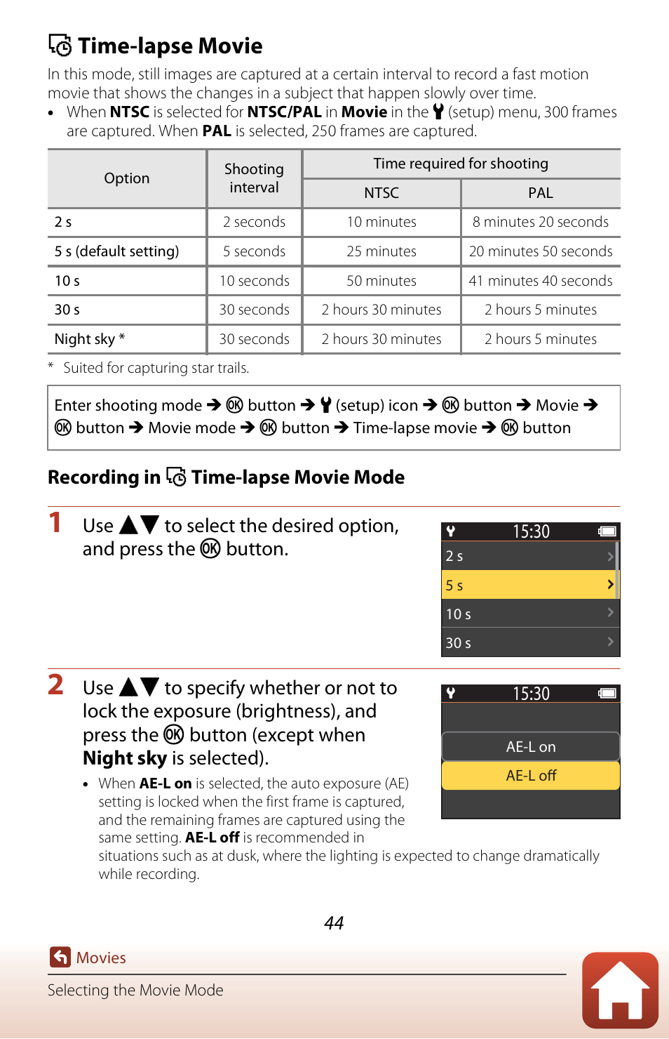 Time-lapse movie, A44 ), F time-lapse movie | Recording in f time-lapse movie mode | Nikon KeyMission 170 User Manual | Page 63 / 137