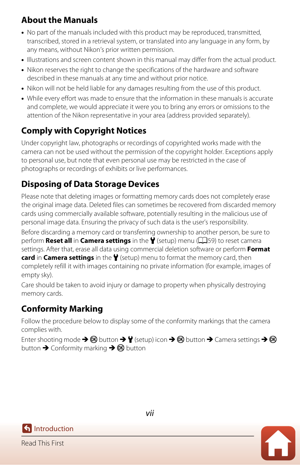 About the manuals, Comply with copyright notices, Disposing of data storage devices | Conformity marking | Nikon KeyMission 170 User Manual | Page 7 / 137