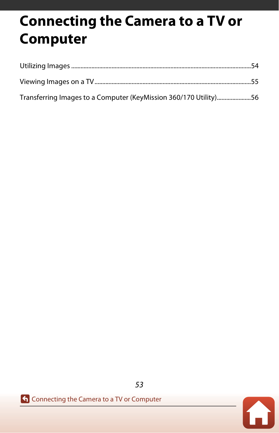 Connecting the camera to a tv or computer | Nikon KeyMission 170 User Manual | Page 72 / 137