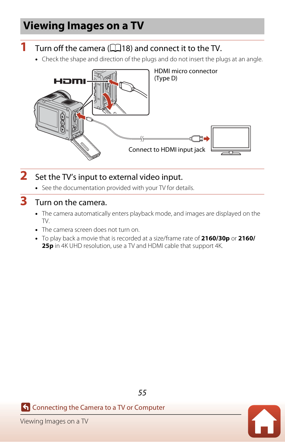 Viewing images on a tv, A55) | Nikon KeyMission 170 User Manual | Page 74 / 137