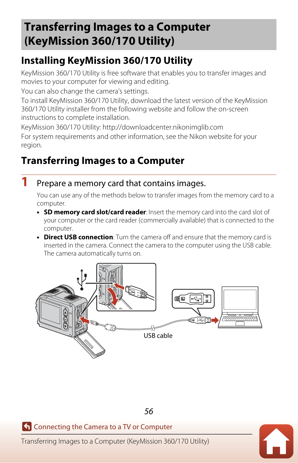 Installing keymission 360/170 utility, Transferring images to a computer | Nikon KeyMission 170 User Manual | Page 75 / 137