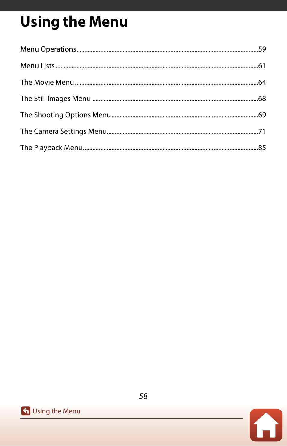 Using the menu | Nikon KeyMission 170 User Manual | Page 77 / 137
