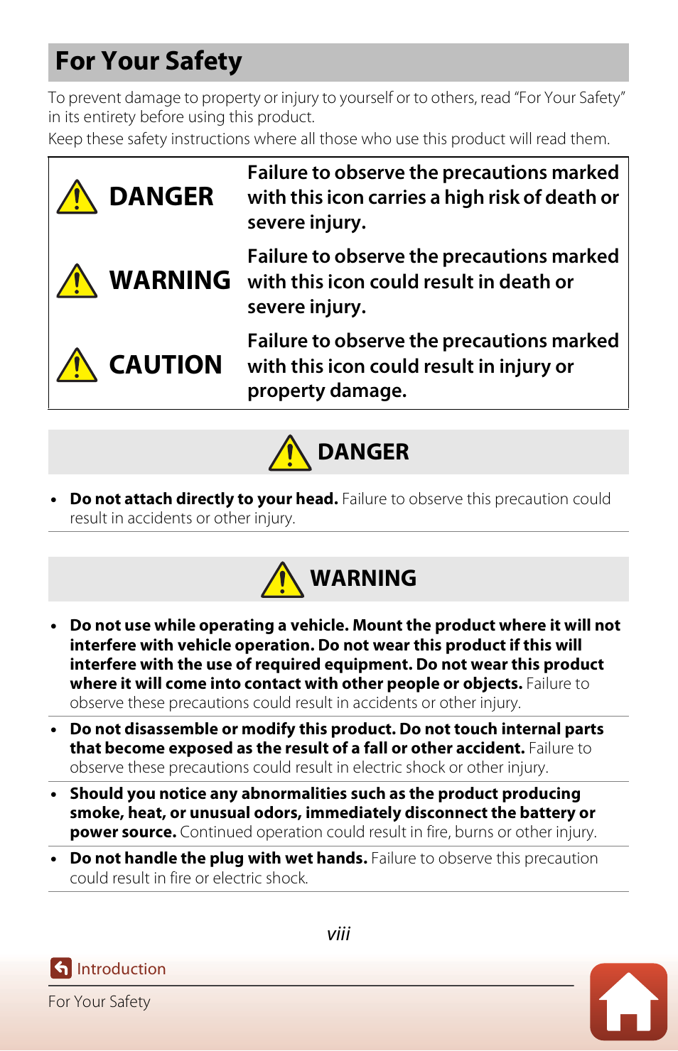 For your safety, Your safety, Age viii | For your safety danger, Warning, Caution, Danger | Nikon KeyMission 170 User Manual | Page 8 / 137