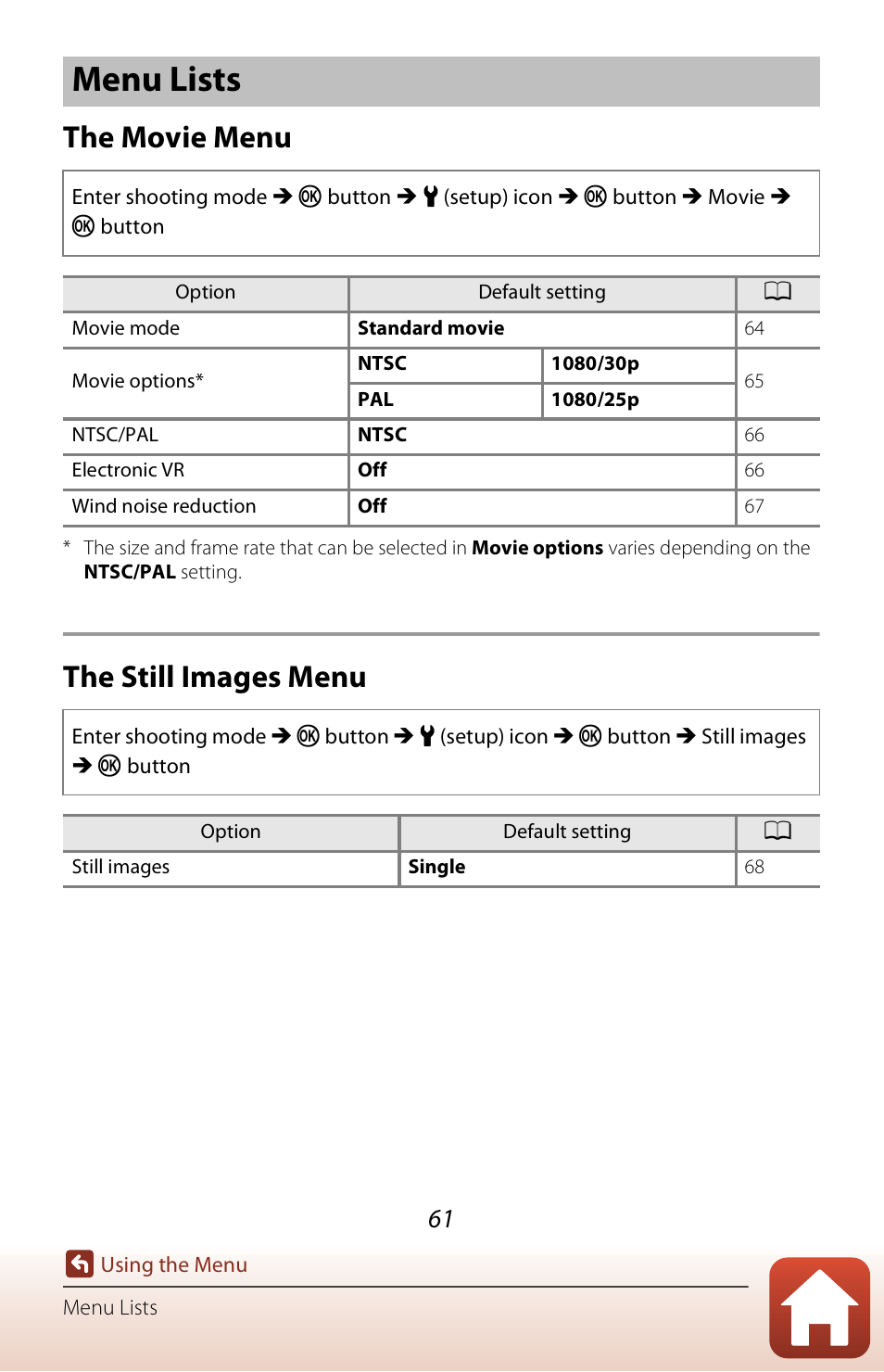 Menu lists, The movie menu, The still images menu | Nikon KeyMission 170 User Manual | Page 80 / 137