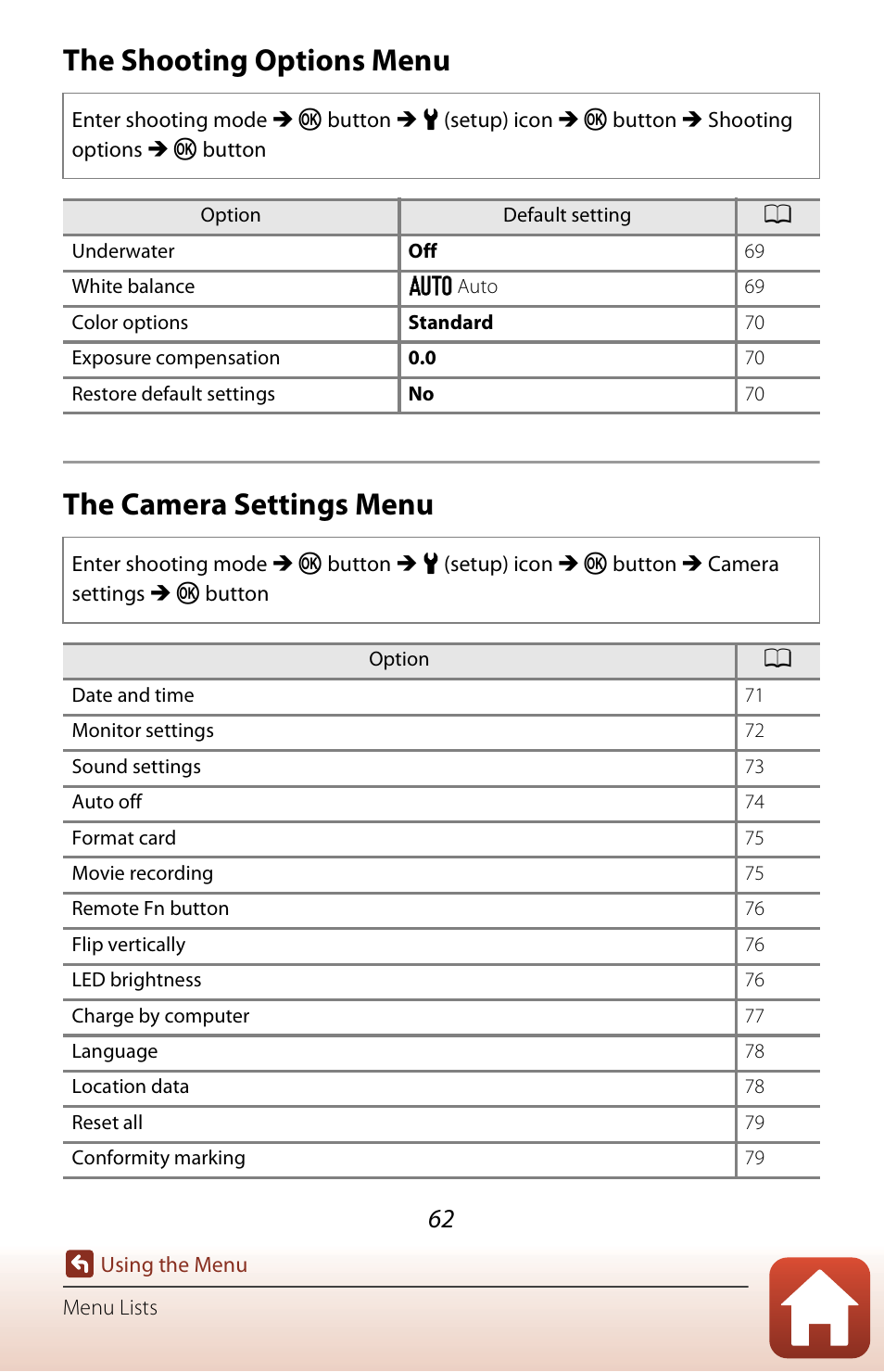 The shooting options menu, The camera settings menu, The shooting options menu the camera settings menu | Nikon KeyMission 170 User Manual | Page 81 / 137