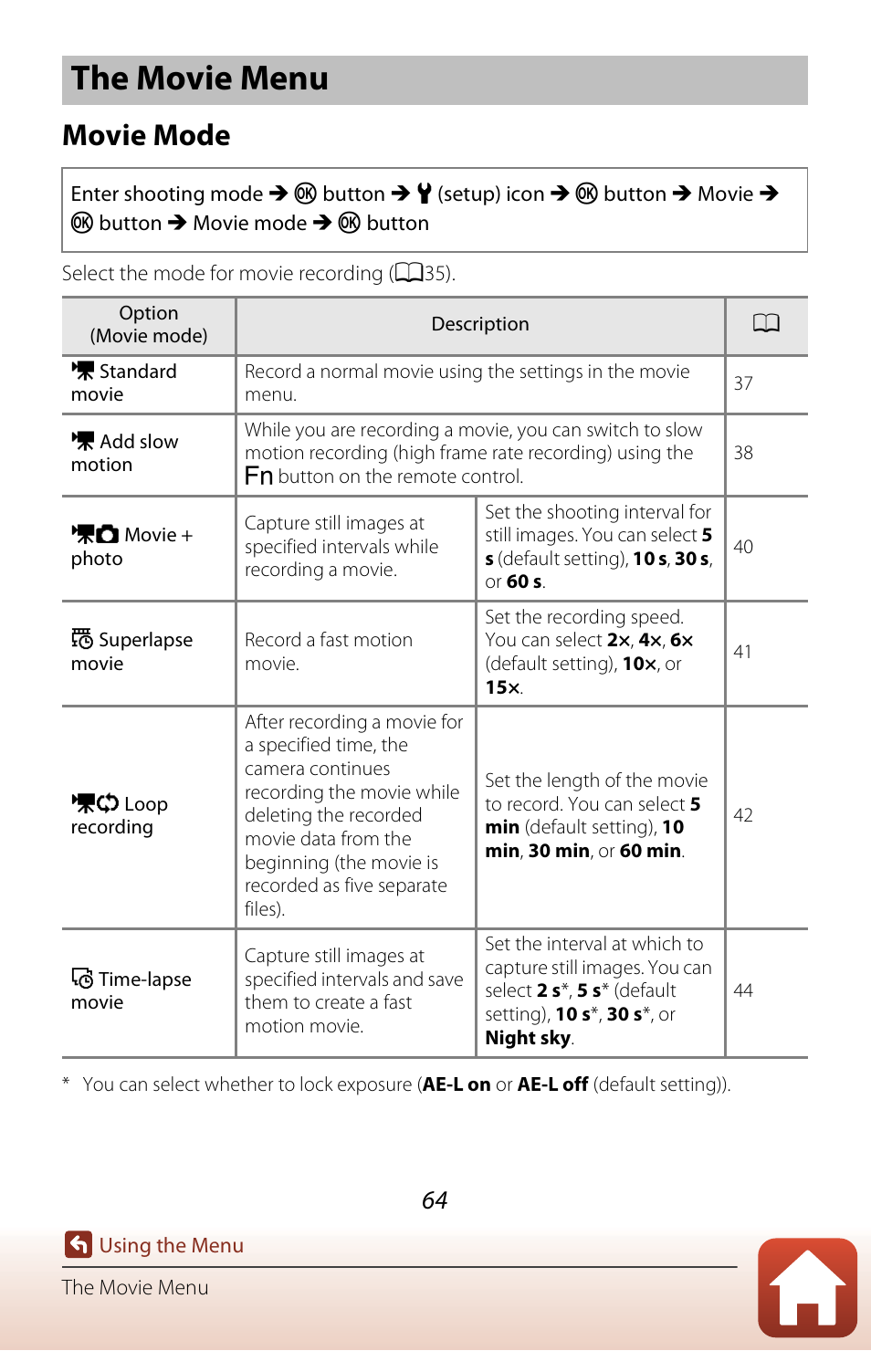 The movie menu, Movie mode | Nikon KeyMission 170 User Manual | Page 83 / 137