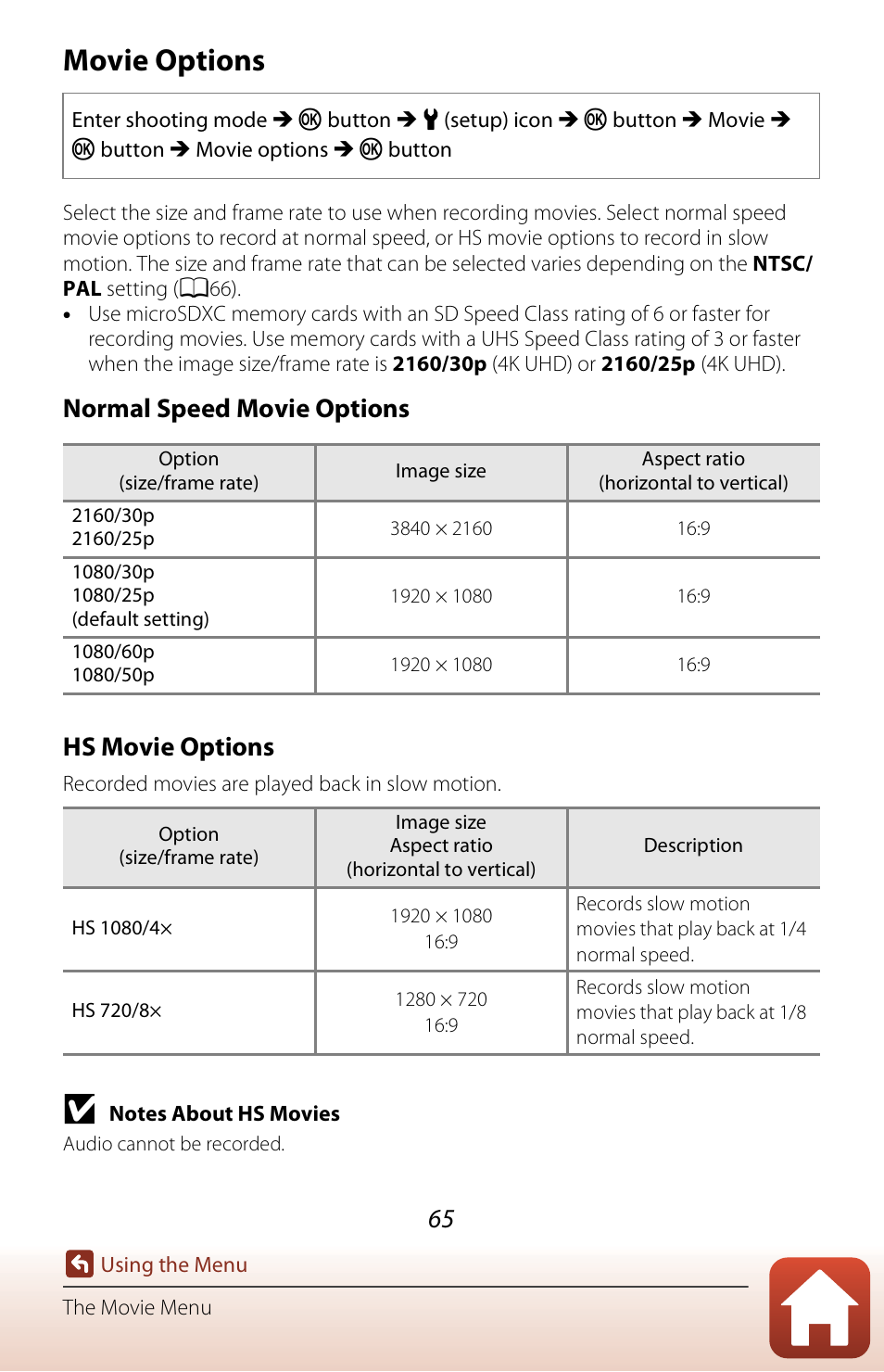 Movie options, Normal speed movie options hs movie options | Nikon KeyMission 170 User Manual | Page 84 / 137