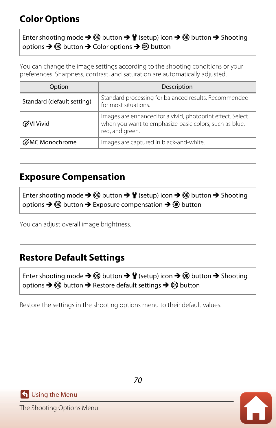 Color options, Exposure compensation, Restore default settings | Nikon KeyMission 170 User Manual | Page 89 / 137