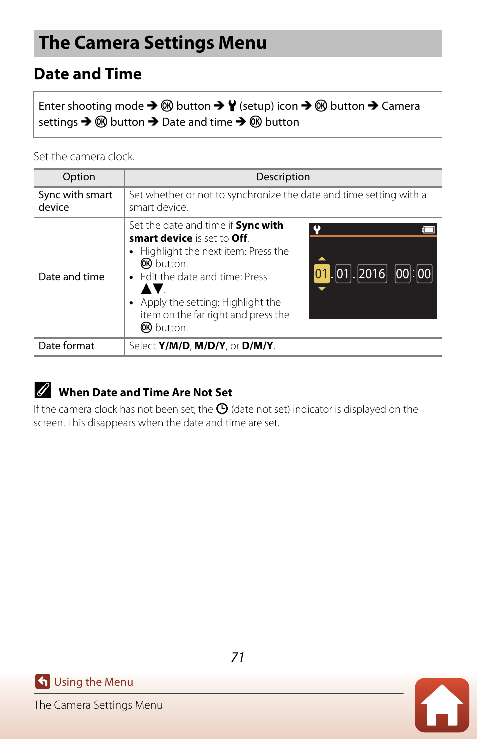 The camera settings menu, Date and time | Nikon KeyMission 170 User Manual | Page 90 / 137