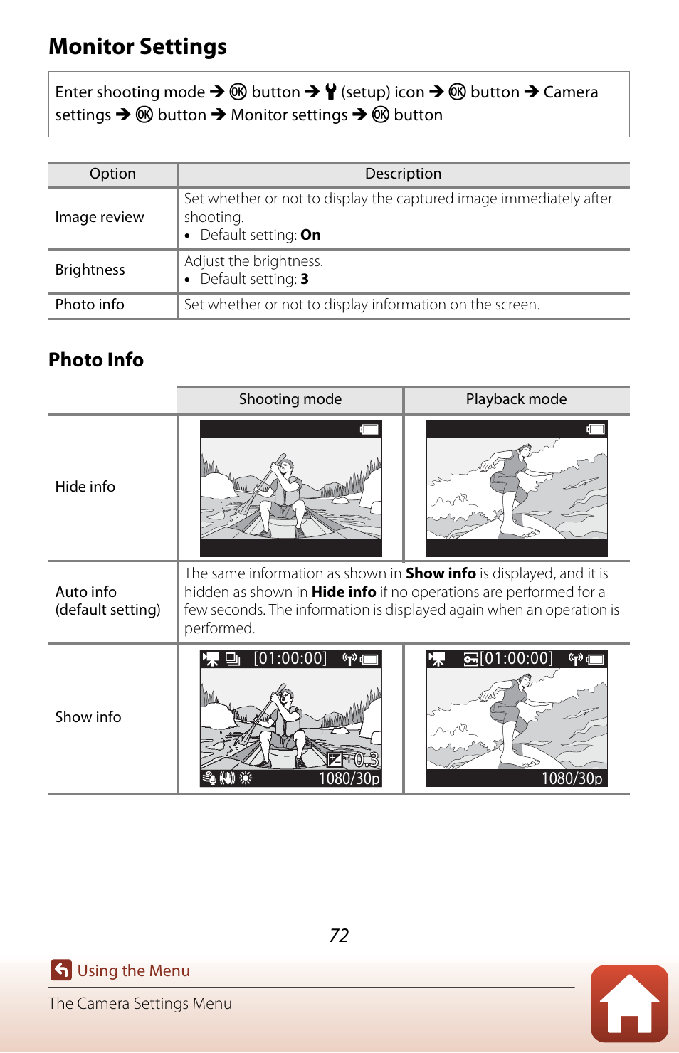 Monitor settings, Photo info | Nikon KeyMission 170 User Manual | Page 91 / 137