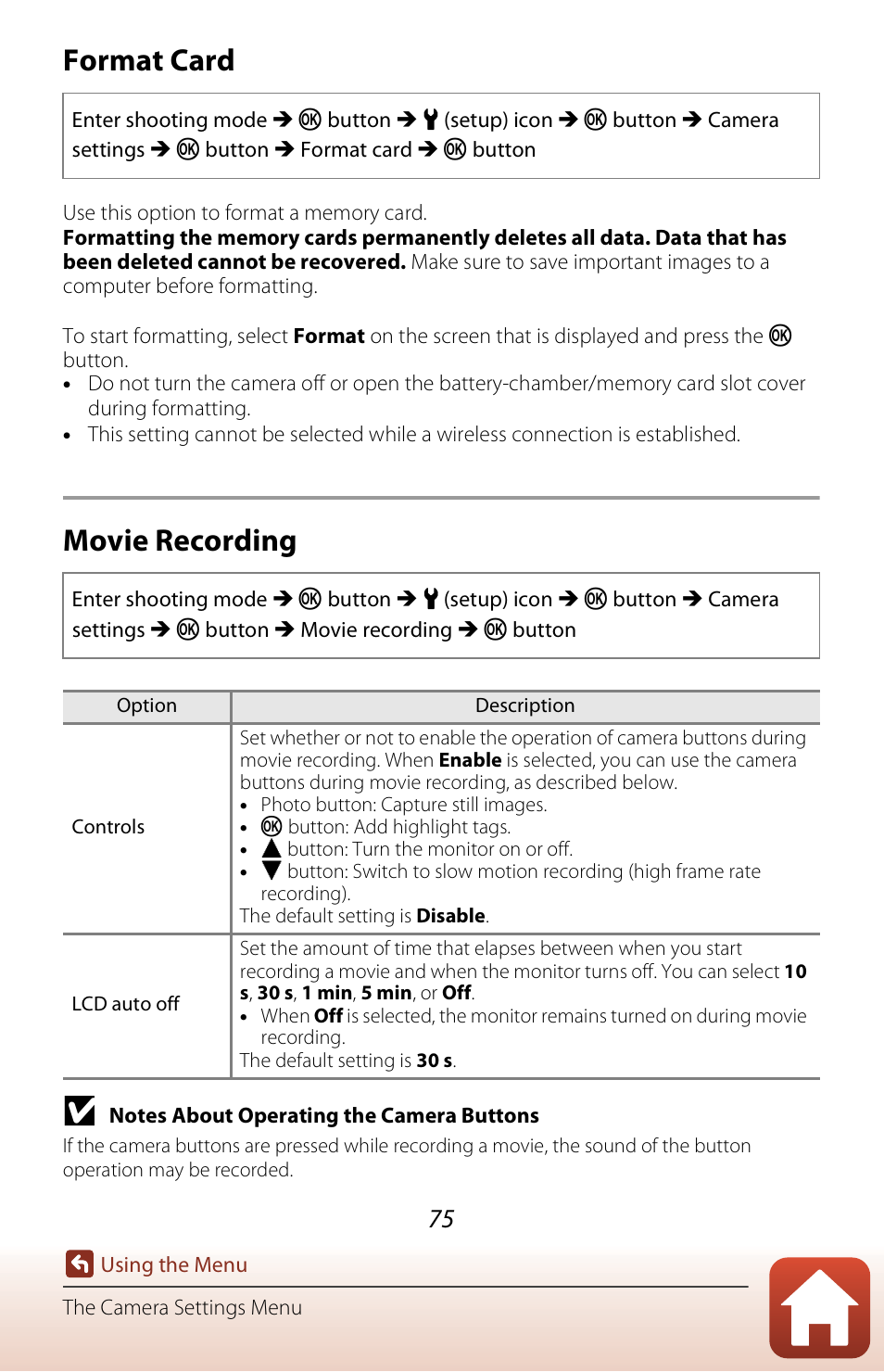 Format card, Movie recording, A75) | Nikon KeyMission 170 User Manual | Page 94 / 137