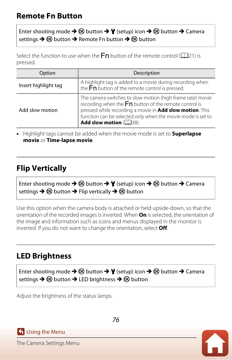 Remote fn button, Flip vertically, Led brightness | A76) | Nikon KeyMission 170 User Manual | Page 95 / 137