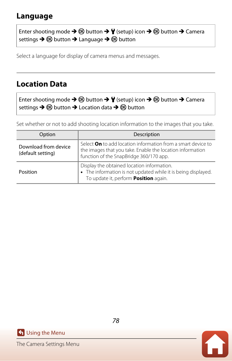 Language, Location data | Nikon KeyMission 170 User Manual | Page 97 / 137
