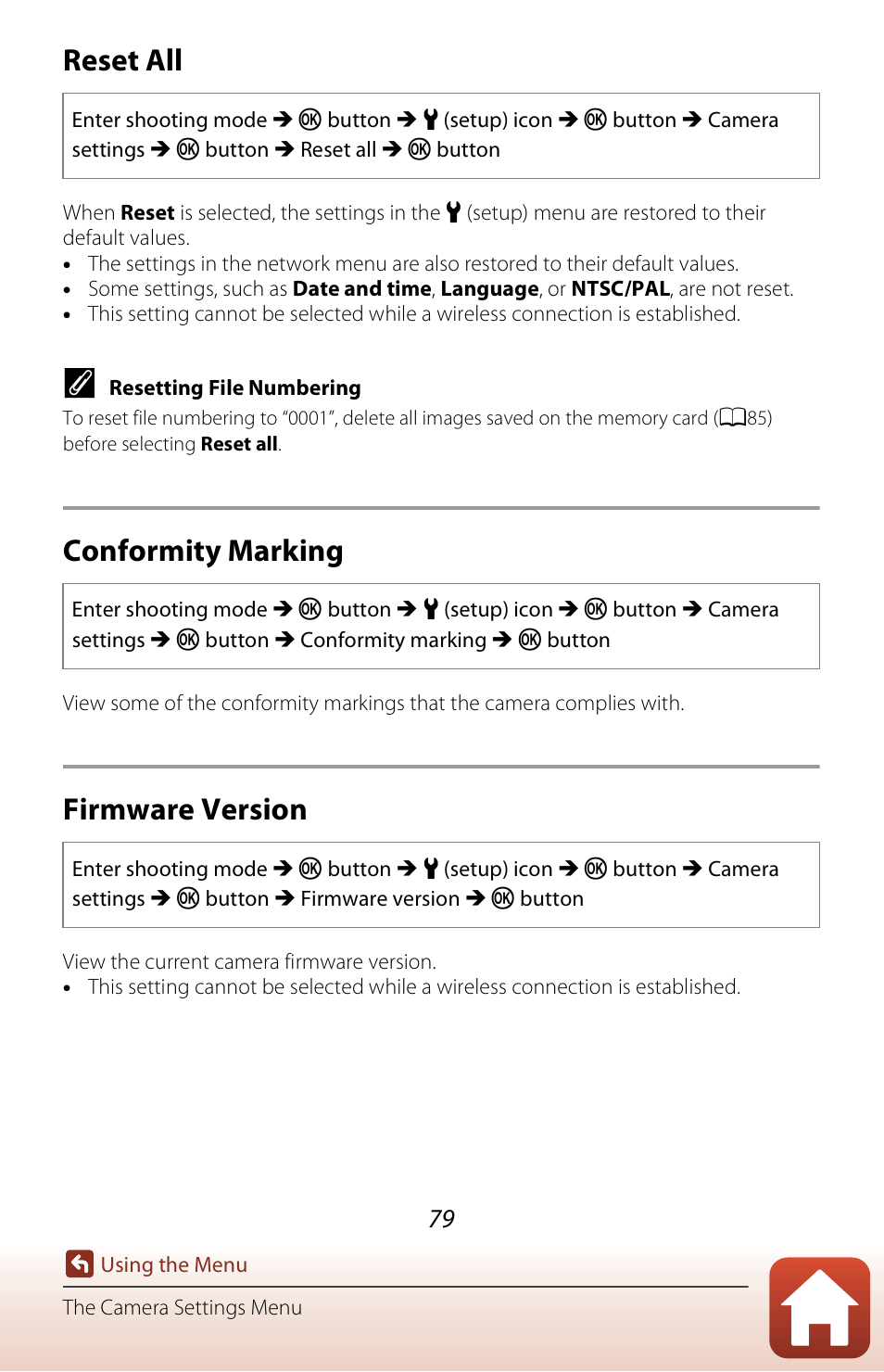 Reset all, Conformity marking, Firmware version | Nikon KeyMission 170 User Manual | Page 98 / 137