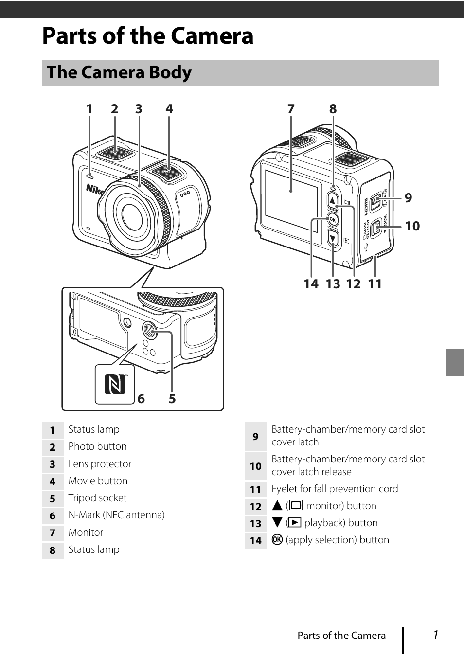 Parts of the camera, The camera body | Nikon KeyMission 170 User Manual | Page 13 / 48