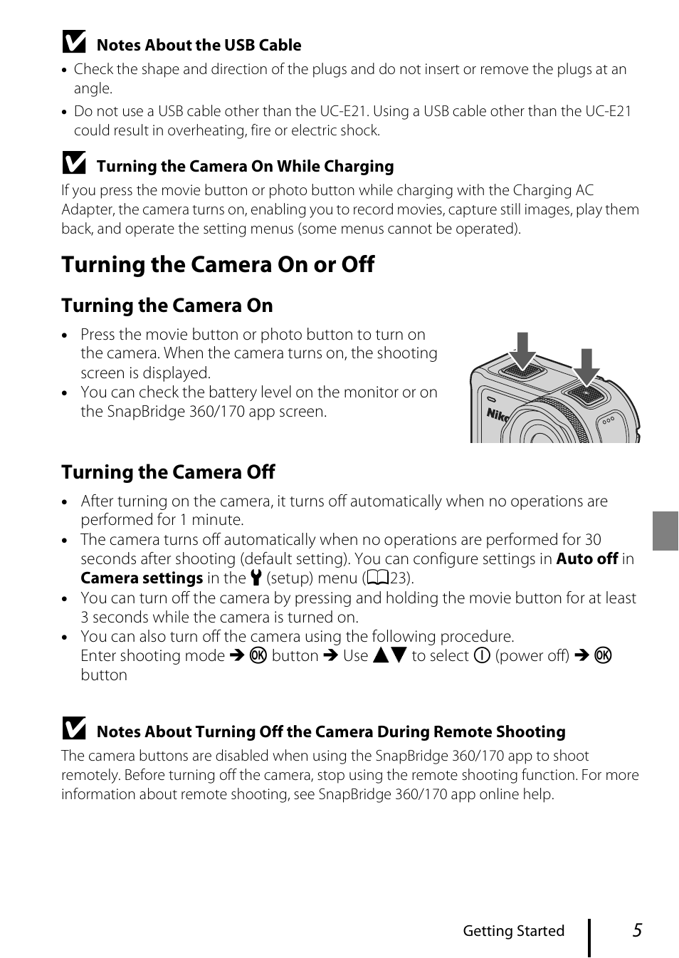 Turning the camera on or off, Turning the camera on, Turning the camera off | Nikon KeyMission 170 User Manual | Page 17 / 48