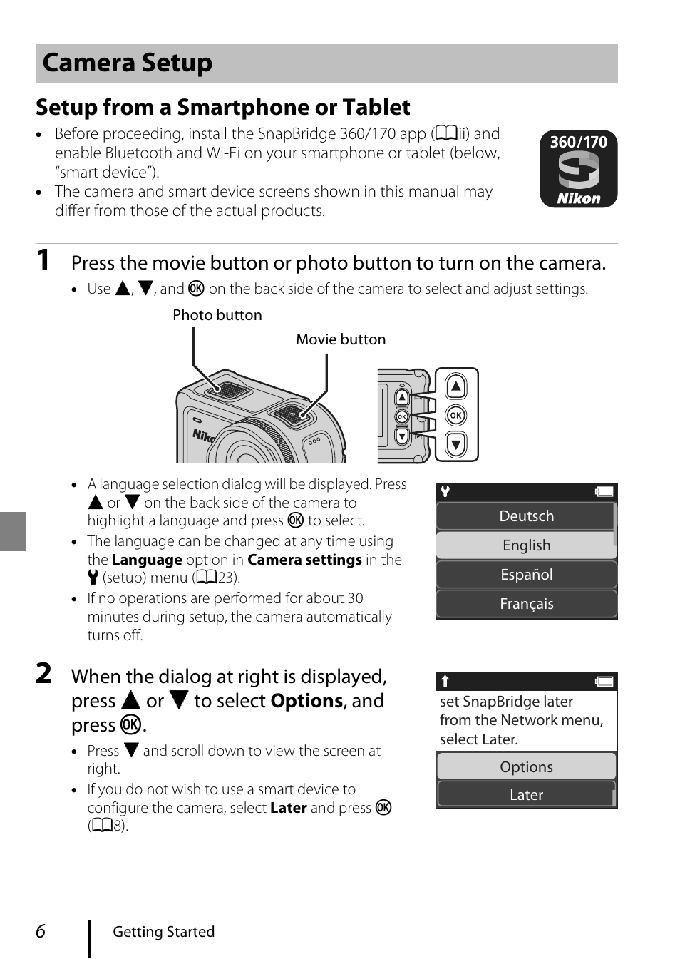 Camera setup, Setup from a smartphone or tablet | Nikon KeyMission 170 User Manual | Page 18 / 48