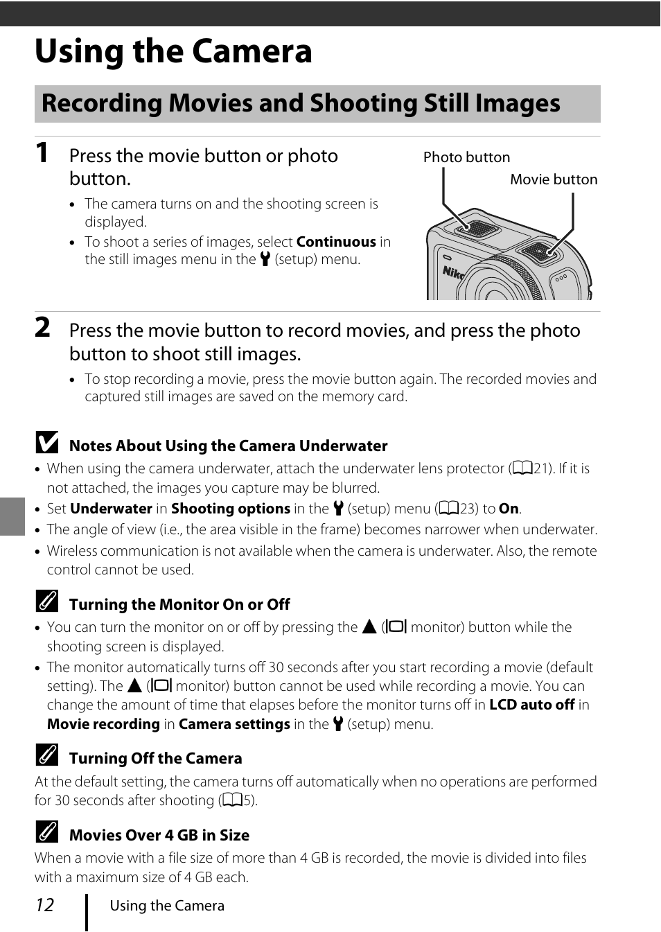 Using the camera, Recording movies and shooting still images | Nikon KeyMission 170 User Manual | Page 24 / 48