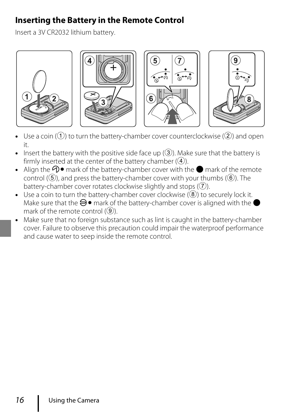 Inserting the battery in the remote control | Nikon KeyMission 170 User Manual | Page 28 / 48