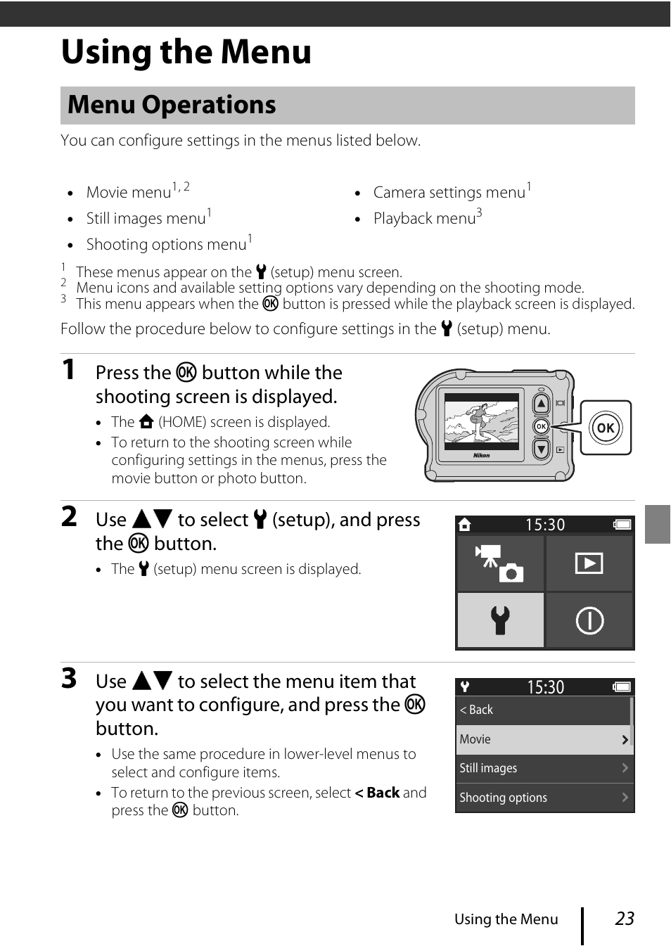 Using the menu, A23), Menu operations | Nikon KeyMission 170 User Manual | Page 35 / 48