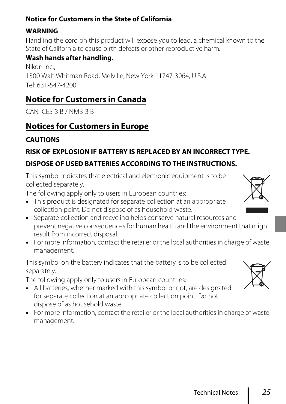 Notice for customers in canada, Notices for customers in europe | Nikon KeyMission 170 User Manual | Page 37 / 48