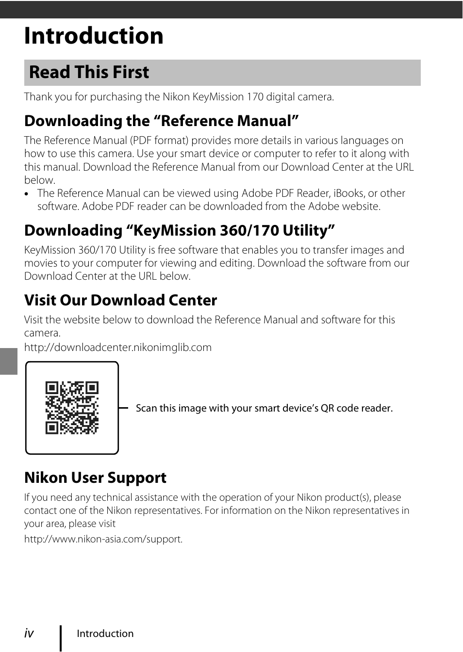 Introduction, Read this first, Downloading the “reference manual | Visit our download center, Nikon user support | Nikon KeyMission 170 User Manual | Page 4 / 48