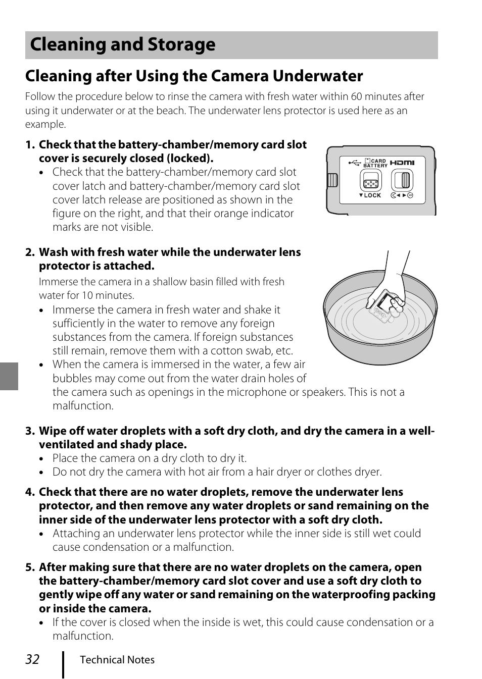 Cleaning and storage, Cleaning after using the camera underwater | Nikon KeyMission 170 User Manual | Page 44 / 48