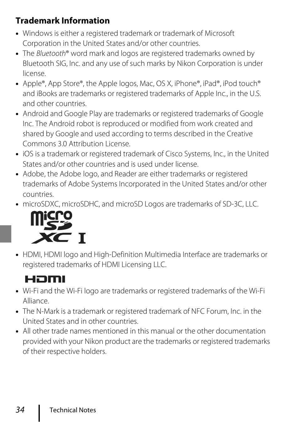 Trademark information | Nikon KeyMission 170 User Manual | Page 46 / 48