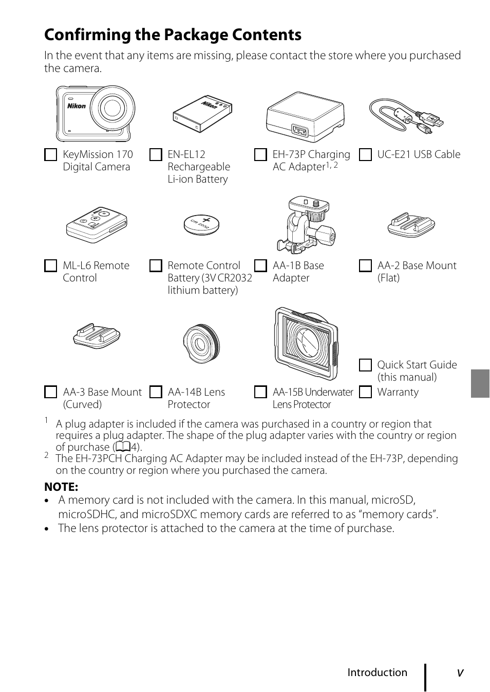 Confirming the package contents | Nikon KeyMission 170 User Manual | Page 5 / 48